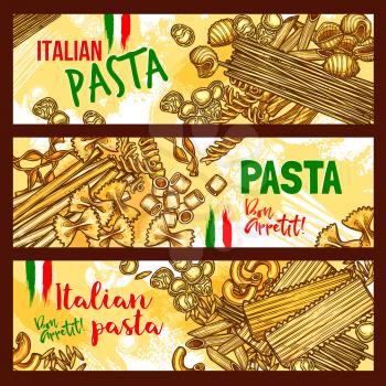 Pasta and italian cuisine banners. Italian pasta with spaghetti, penne, macaroni, farfalle and noodle, fusilli, ravioli, lasagna and orzo shapes with italian flag for mediterranean cuisine design