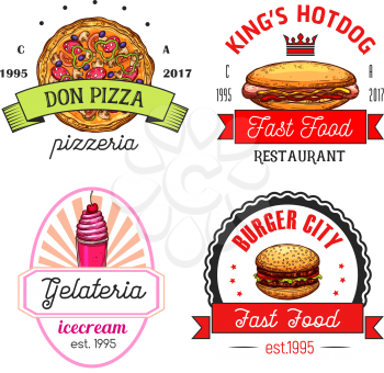 Fast food restaurant emblems and icons. Burger, hamburger, hot dog, pizza and ice cream sketch symbol with ribbon banner for fast food cafe, pizzeria and gelateria badge design