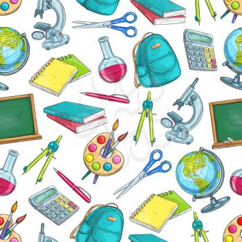 School education seamless pattern. Pencil and book, ruler and pen, globe and notebook, scissors, calculator, paint brush, microscope,backpack,blackboard sketches for back to school concept design
