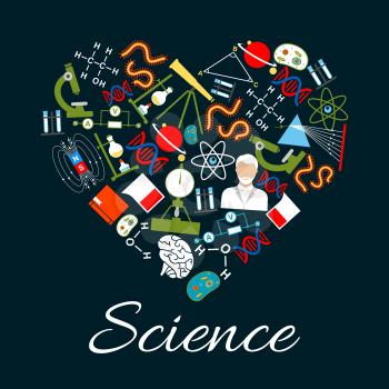Heart made of science and research icons. We love science concept with microscope, atom, chemical laboratory test tube, DNA, gene, scientist, planet, magnet, telescope, book, formula and brain symbols