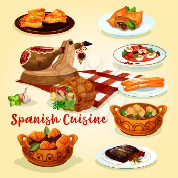 Spanish cuisine dishes poster of ham, sausage stew with vegetables and egg, beef steak, fish and lamb pie, tuna stew, almond soup with bread and fried cookie churro