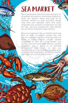 Seafood market and fish restaurant sketch poster. Ocean crab, lobster, shrimp or prawn, tuna, squid, flounder, mackerel, sea turtle and navaga fish, placed around text layout. Seafood design