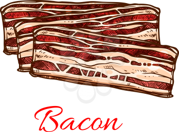 Bacon sketch of pork meat. Stripes of streaky pork belly bacon for sandwiches, breakfast and barbeque dishes. Butcher shop and meat store label, food packaging design
