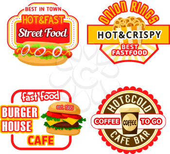 Fast food restaurant and coffee shop isolated symbols or icons. Hamburger, hot dog and cheeseburger, sandwich, coffee cup and fried onion ring paper snack box labels for street food design