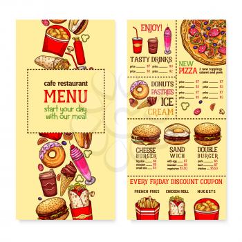 Fast food menu banner for restaurant and cafe design. Burger, hamburger, hot dog and pizza with toppings, takeaway soda and coffee drink, donut and ice cream dessert, french fries, burrito sketches