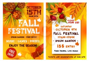 Autumn music festival or October seasonal fall outdoor event poster or invitation flyer template with date. Vector design of autumn leaves of maple, oak acorn and rowan berry for garden park picnic