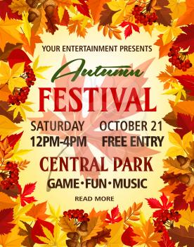 Autumn festival invitation poster template for seasonal holiday music fun event or picnic in central park. Vector design of autumn maple, poplar and chestnut leaf foliage, oak acorn and rowan berry