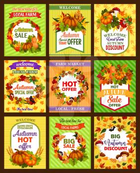 Autumn sale retro poster set. Fall season nature badge of autumn leaf frame with harvest pumpkin vegetable and wheat, forest mushroom, acorn and berry, pine cone and ribbon banner for retail design