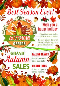 Autumn sale banner with fall season nature template. Autumn leaf, orange pumpkin and corn vegetable, apple fruit, mushroom, maple tree foliage, acorn branch and wheat ear for retail promotion design