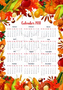 Autumn seasonal calendar 2018 template. Vector design of maple leaf, oak acorn or pumpkin and forest mushroom harvest, garden apple or pear fruit and corn, chestnut or poplar autumn foliage leaves