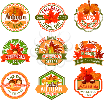 Autumn label set of fall nature season and sale discount offer template. Autumn maple leaf, pumpkin vegetable, apple fruit, forest mushroom, acorn and berry for tag and badge design