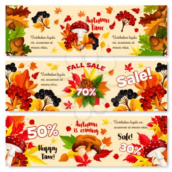 Autumn sale shopping banners for September seasonal discount promo of 50 and 70 percent off. Vector design set of autumn foliage maple, oak or elm and rowan tree leaf, berry harvest and mushrooms