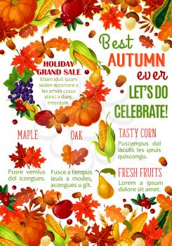 Autumn sale banner with fall harvest vegetable, fruit and leaf frame. Autumn season discount offer poster design with pumpkin, corn, maple foliage, apple, grape, forest mushroom, acorn and cranberry