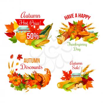 Autumn sale symbol set of Thanksgiving Day holiday. Fall season maple leaf, cornucopia with harvest pumpkin, corn vegetable and apple fruit, food, pie, cranberry and wheat for discount offer design