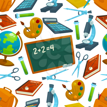 School supplies vector seamless pattern of mathematics formula on school chalkboard, calculator, books and stationery scissors, pen and pencil, paint brush and backpack or biology microscope and globe