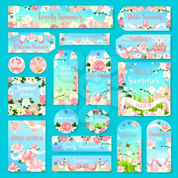 Flower gift tag and label set. Summer flowers of rose, peony, orchid, lily, jasmine and crocus with green leaf, grass, ribbon, bow and flying butterfly. Summer season celebration and holiday design