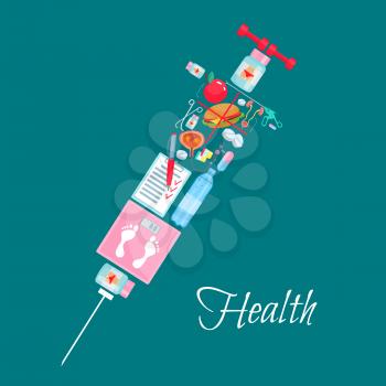 Health poster of syringe symbol with medical and healthcare items. Sport barbells, weight scales and diet water or burger, pills and drugs and apple with human organs bladder or kidney