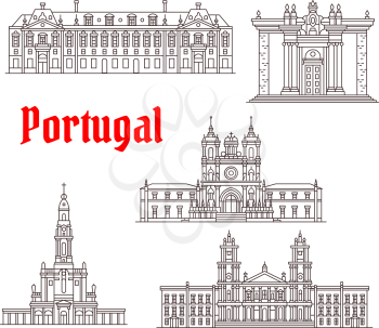 Portugal architecture and Portuguese famous landmark buildings. Vector isolated icons and facades of Coimbra Library, Fatima Sanctuary and Alcobaca Monastery or Mafra Palace and Foz Castle