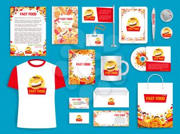 Fast food corporate identity templates of supplies for branding of fastfood restaurant or company promo. Vector isolated set of stationery, t-shirt apparel, business cards, flags or mugs and blanks