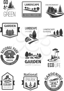 Green landscape and garden planting or designing company vector icons set. Isolated symbols or labels of parks and forest trees, woodland greenery squares and eco parkland plants for outdoor gardening