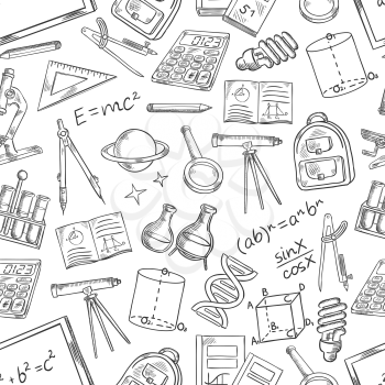 School and education supplies sketch seamless pattern. Vector symbols of school books and notepads, astronomy telescope and mathematics equation formula, chemistry beakers and geometry ruler