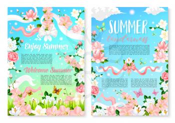 Welcome Summer poster template. Summer flower of white rose, pink peony, orchid and lily, decorated by swirling ribbon with bow and butterfly. Cartoon floral greeting card for summer holiday design