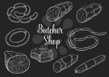 Butchery sausages chalk sketch. Vector icons of bacon or pork lard, ham salami kielbasa and lyon sausage bundle or curry wursts. Butcher shop or farm market beef steak gourmet barbecue products
