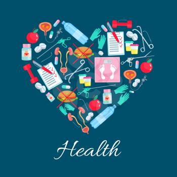 Health, diet and obesity. Vector heart symbol of healthy dietary medications and sport items of pills, weight scales and fast food burger, apple fruit and syringe, bladder organ and fitness barbells