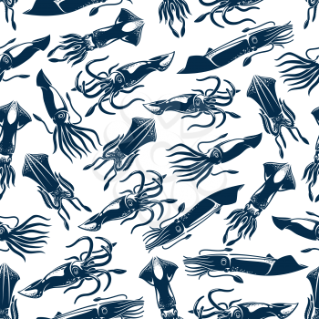 Seafood fishing seamless pattern of squid or ocean cuttlefish or calamari cephalopod species. Vector design for sea food restaurant sign, fishing club or fishery market