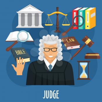 Judge profession or occupation poster of advocacy items. Vector design of judge man in wig, juridical law code book, hand on Bible, gavel and hourglass with justice scales and judicial ministry court