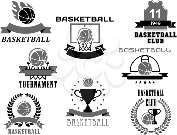 Basketball club or tournament icons and championship award badges set. Vector isolated symbols of basketball ball in goal basket, winner cup prize or champion ribbon with stars