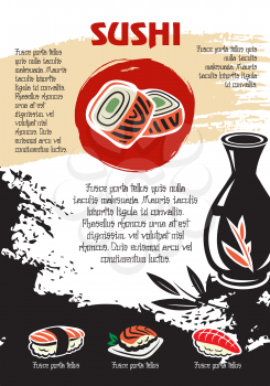 Japanese restaurant poster of sushi rolls, chopsticks and soy sauce in bottle. Vector design of noodles soup and seafood wok or tempura shrimps or fish on steamed rice for sushi bar menu