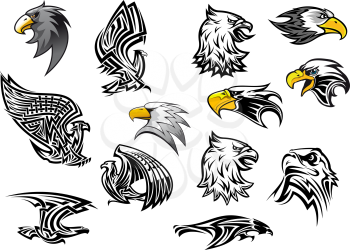 Eagle or hawk vector icons for mascot or tattoo. Isolated heraldic symbols set of outline griffin eagle or falcon head with open beak for sport team badge, army or military shield