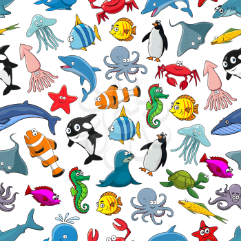 Cartoon sea underwater seamless pattern of seal and penguin, exotic clown fish and flounder, dolphin whale and shark, starfish and seahorse mollusk. Vector stingray, turtle and jellyfish or octopus