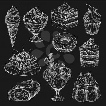 Cake and ice cream chalk sketch on blackboard. Cake, cupcake, donut, ice cream cone and sundae dessert, muffin, fruit pudding, berry pie, chocolate swiss roll for bakery and pastry menu board design