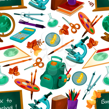Back to School seamless pattern of vector school supplies, backpack and biology microscope, geometry pencil and ruler, drawing brush paint and formula on chalkboard or blackboard and autumn leaf