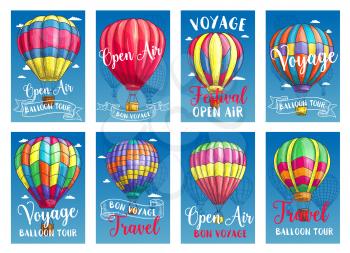 Hot air balloon tourist voyage cards or travel tour advertising posters for tourism agency or company. Vector design of hot air balloon adventure on Inflated hopper balloons with patterns