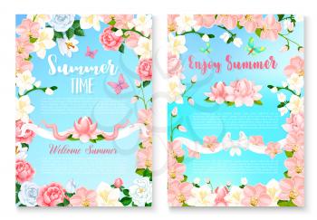 Enjoy Summer greeting card with flower frame. Summer holiday poster template of rose, peony, orchid, and lily flowers with green leaf, floral bud and ribbon bow decorations. Summer season theme design