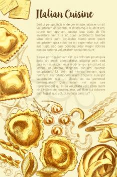 Pasta poster for Italian cuisine Vector design template for restaurant durum fettucine macaroni, spaghetti or ravioli and lasagna. Hand-crafted tagliatelle pasta, gobetti or farfalle and papardelle