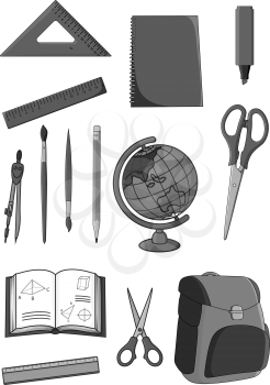 School supplies and classes stationery icons set. Vector isolated symbols of geometry rulers and dividers, scissors and paint brushes or highlighter pencil, geography globe map and school backpack