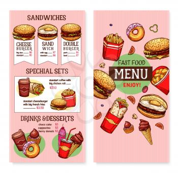 Fast food restaurant menu vector template design of meals and snacks or combo sets of cheeseburgers, hamburgers and sandwich, pizza, hot dogs and ice cream desserts or french fries and grilled snacks