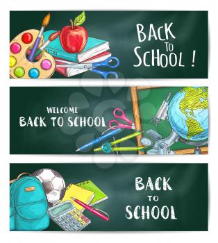 Back to School welcome banners on green blackboard background. Apple, backpack, rucksack, soccer ball, pen, calculator, pencil, copybook, scissors, globe compass chalk blackboard watercolor microscope