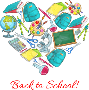 Back to School poster of supplies and school books or pencils stationery in heart shape. Vector backpack and chalkboard, education and classes items of physics, geography or astronomy and mathematics