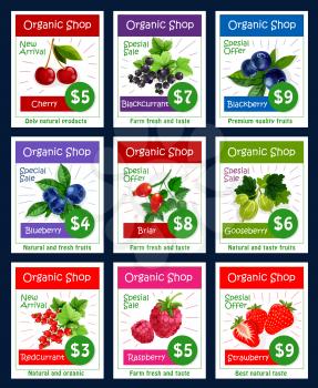 Berries organic shop vector price cards set for cherry, blackcurrant or blackberry and blueberry, juicy forest briar and gooseberry, farm grown redcurrant and forest raspberry or garden strawberry