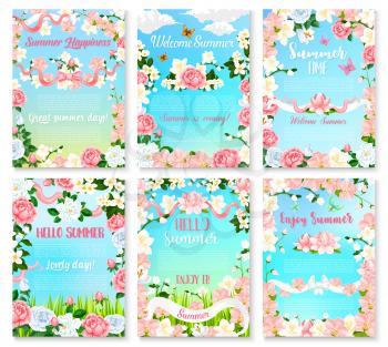 Hello Summer floral banner set. Summer season holidays greeting poster with flower frame of rose, orchid, peony, lily and jasmine branches with green leaf and floral bud, adorned with ribbons