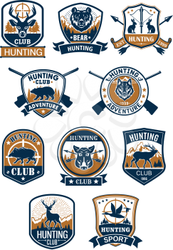 Hunting sport symbol and hunter club membership badge set. Deer, duck, boar, bear, wolf, elk, hare, hog wild animals with rifle, target sign and arrows, framed by heraldic shield and round seal