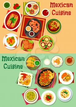 Mexican cuisine menu icon set. Meat vegetable taco, salsa and guacamole sauce, stuffed pepper, chicken tortilla roll, fajitas, bean and tomato soup, grilled beef, pasta with sausage, meat pie, cookie