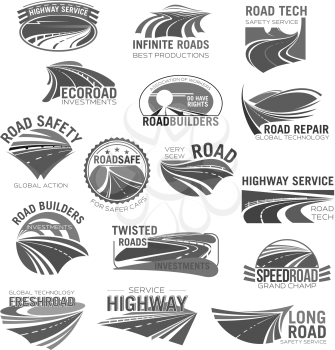 Road construction and highway service icon set. Asphalt road, highway and speed freeway symbol for building company and travel agency emblem, traffic safety and transportation themes design