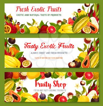 Exotic fruit banners set. Papaya, orange and feijoa, durian and passion fruit, carambola, lychee, dragon fruit and guava, fig, mangosteen, rambutan, tamarillo and pomelo for tropical food design