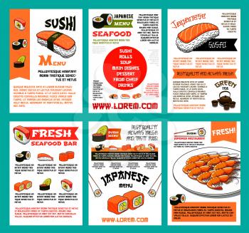 Sushi menu poster template for japanese cuisine seafood restaurant or sushi bar. Fresh sushi with rice, salmon and tuna fish, shrimp and caviar, seaweed and chopsticks banner set for asian food design
